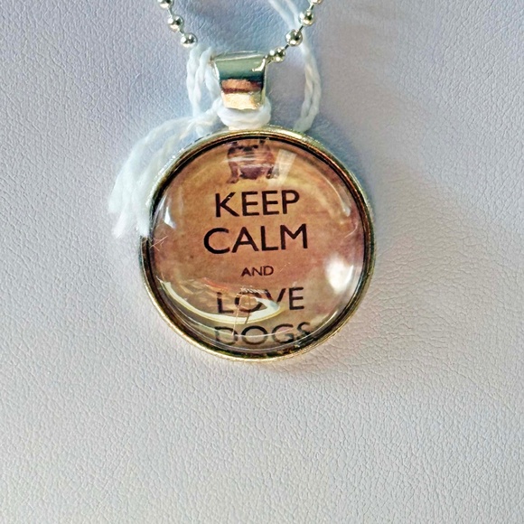 KEEP CALM AND LOVE DOGS PENDANT NECKLACE, HANDMADE, GLASS DOME ON METAL, 23 INCH - Picture 1 of 4